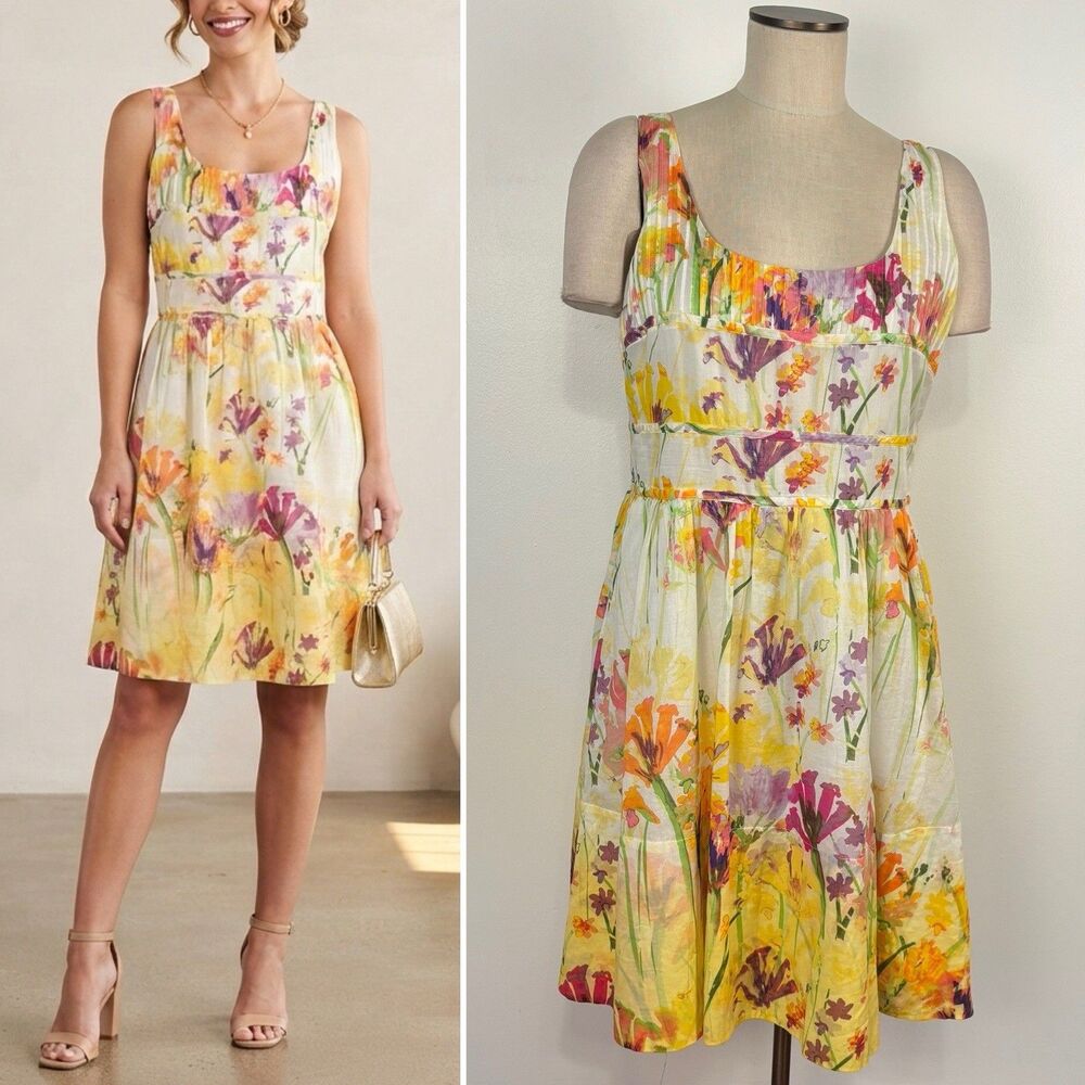 Calvin Klein Womens Yellow Floral Watercolor Sundress Dress Size Estimated Large